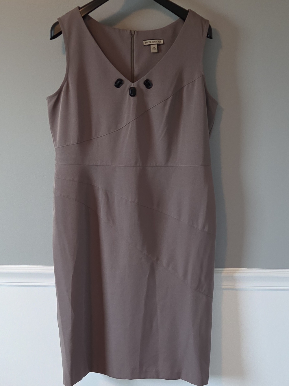 Taupe Sleeveless V-Neck Midi Sheath Pencil Dress with Beaded Accent 14
